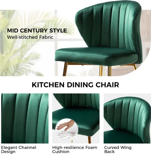 Miniatura 4 de TINA'S HOME Juego de 2 sillas decorativas, sillas laterales de terciopelo glamoroso con patas doradas, sillas de comedor tapizadas de mediados