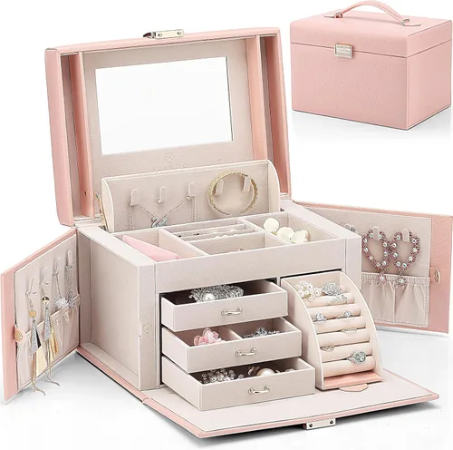 Vlando Joyero de piel sintética, organizador mediano de joyería, regalo vintage para mujer, patrón de cruz rosa