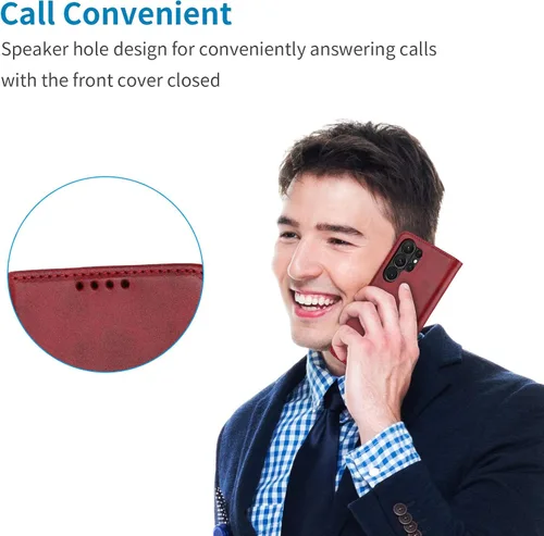 Miniatura 5 de Havaya Funda tipo cartera para Samsung Galaxy S23 Ultra, tapa magnética con tarjetero y soporte para tarjeta - rojo PU+rojo