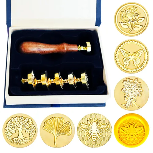 Miniatura 8 de Juego de 6 cabezas de sello de cera con cabeza de latón de cera+1 mango de madera+caja de regalo, sellos de cera de bendición