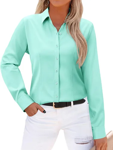 Miniatura 24 de Gleeivy - Camisas abotonadas para mujer, sin arrugas, de manga larga, camisas de vestir casuales con cuello V, ajustadas, de un solo