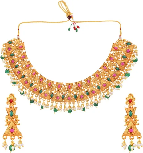 Efulgenz Indian Wedding Jewelry for Women Antique Gold Tone Pink Choker Necklace Set Faux Pearl Drop Dangle Earrings Faux Kundan Bridal Set Indian