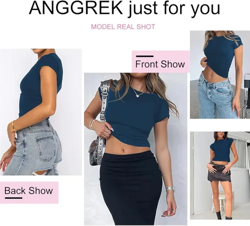 Miniatura 4 de ANGGREK Womens Summer Short Sleeve Skinny Tight Crop Tops Tee Shirt Workout Casual Basic Crew Neck Slim Fit Y2k T-Shirts