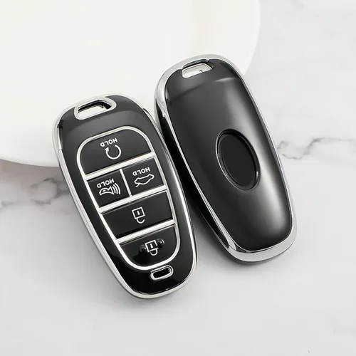 Miniatura 3 de Funda para llavero Hyundai de 5 botones, TPU suave con llavero de cuero, protección de 360 grados, funda portacarcasa para llave de automóvil negro