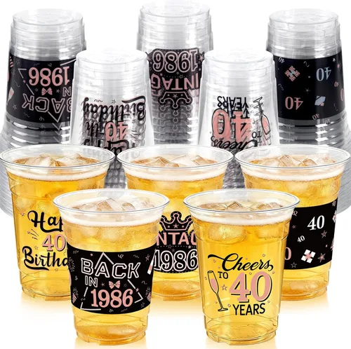Miniatura 12 de 50 Piezas Vasos de Plástico para Fiesta de Cumpleaños 40 a Granel, 16 Oz Vasos de Beber Desechables de Plástico Transparente Negro Dorado