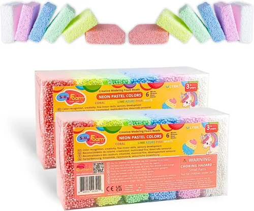 Miniatura 12 de Espuma Tonta, Cuentas de Espuma de Modelado Creativo, Paquete de 2 de 6 Primarios + 6 Bloques Pastel Neón, Sin Slime Sin Desorden, Perfecto