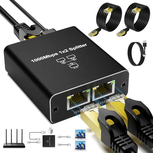 Miniatura 10 de Divisor Ethernet Gigabit 1 a 2, Divisores de cable LAN, interruptor Ethernet RJ45 de alta velocidad de 1000 Mbps con cable de alimentación USB C