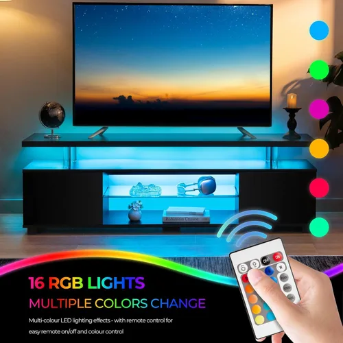 Miniatura 5 de Soporte de TV negro con luces LED para TV de 60 o 65 pulgadas, moderno centro de entretenimiento con almacenamiento, consola de TV