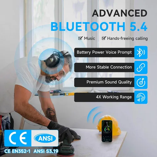 Miniatura 4 de Auriculares de protección auditiva con radio Bluetooth 5.4 AM/FM 2025 con pantalla digital retroiluminada/micrófono, tiempo de trabajo de 120 horas