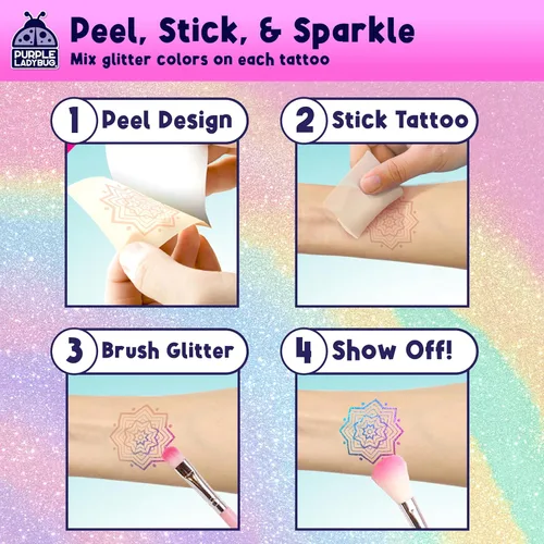 Miniatura 6 de PURPLE LADYBUG Tatuajes con purpurina para niños – Kit de tatuaje con purpurina de 175 diseños, tatuajes falsos temporales para niños, divertido