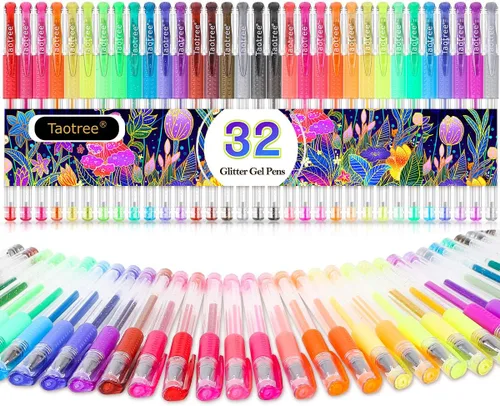 Taotree Bolígrafos de gel con purpurina, 32 colores de neón con purpurina, juego de marcadores artísticos de punta fina, 40% más marcadores de gel