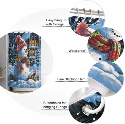 Miniatura 6 de Cortina de ducha con diseño de cardenales de muñeco de nieve para baño, casa de nieve de Navidad, pájaros rojos, lindo muñeco de nieve, sombrero