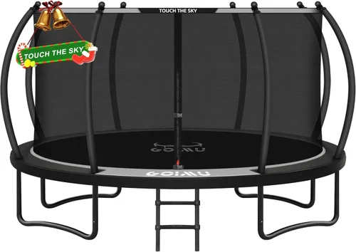 10FT 12FT 14FT 16FTOutdoor Recreational Trampoline with Enclosure Net, Bolt-Free Design Yard Trampoline with Wide Ladder and AntiRust Coating, 2 in