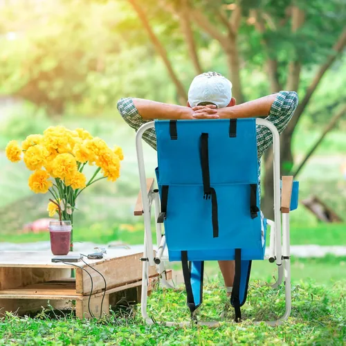 Miniatura 9 de Outvita Silla de playa plegable con reposacabezas ajustable de 4 ángulos de inclinación flexibles, con soporte para tazas, portátil, de alta Azul
