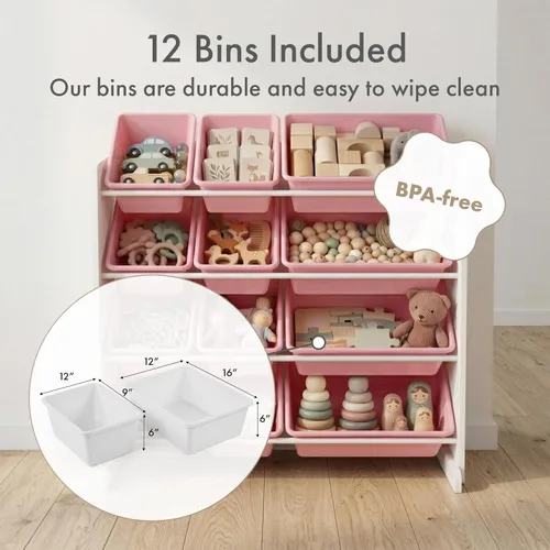 Miniatura 4 de Humble Crew Organizador de almacenamiento de juguetes para niños con 12 cubos de plástico, blanco/rosa, contenedores extraíbles para sala