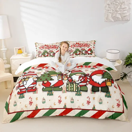 Miniatura 31 de Juego de funda de edredón para niños con diseño de Navidad, tamaño individual, camiones rojos y árboles de pino con copos de nieve, decoración
