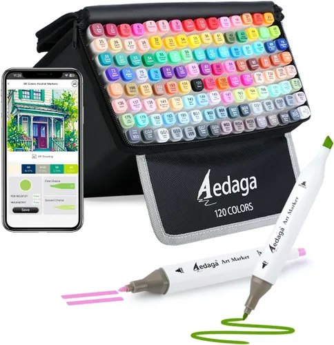 AEDAGA Marcadores de alcohol de 120 colores con aplicación gratuita, marcador artístico de doble punta con estuche con soporte para artistas