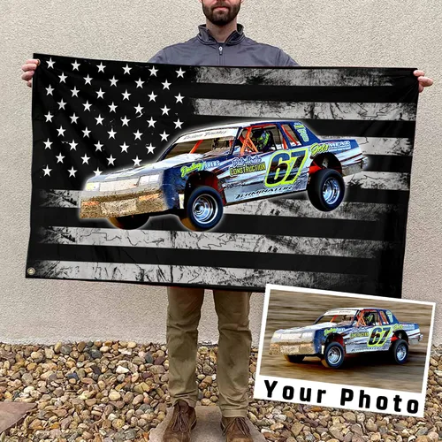 Miniatura 14 de Sprint Car Racing - Foto personalizada, nombre y número de carreras de bandera estadounidense a cuadros para amantes de las carreras de pista