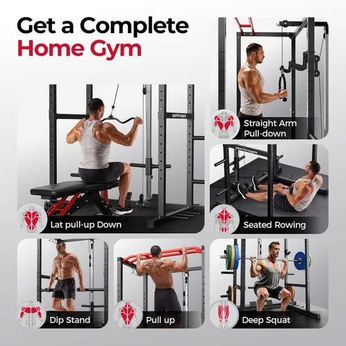 Miniatura 4 de Sportsroyals Jaula de Potencia, Rack de Potencia Multifuncional de 1600 libras con Sistema de Cruce de Cable Ajustable y Más Accesorios de Rojo
