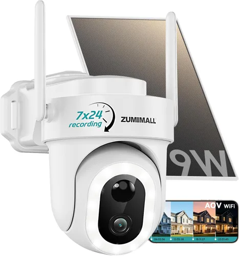 ZUMIMALL Cámaras de seguridad solares de grabación 24/7 inalámbricas para exteriores, panel solar de 9 W, cámaras AOV 2K para seguridad del hogar,