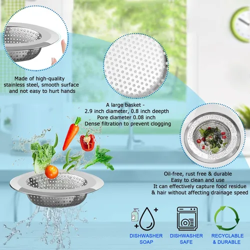 Miniatura 5 de Cesta de Drenaje para Fregadero de Cocina, Juego de 4 Coladores de Fregadero de Acero Inoxidable y Negro con Malla para Cocina con Borde Ancho