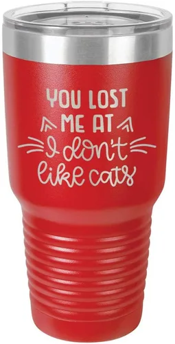 Miniatura 16 de Taza de viaje de acero inoxidable grabada con pajita y tapa superior deslizante, con texto en inglés "You LOST ME AT I DON'T LIKE CATS" Púrpura claro