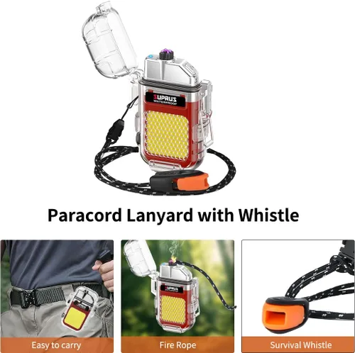 Miniatura 6 de SUPRUS Impermeable 3 modos de linterna a prueba de viento, encendedor de plasma de doble arco eléctrico recargable de doble arco con silbato de Rojo