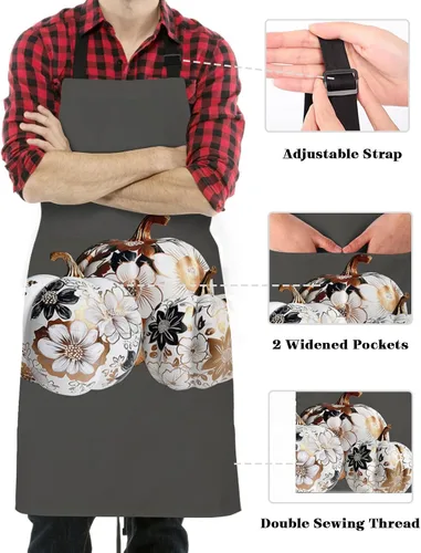Miniatura 3 de Delantal con peto de otoño de Acción de Gracias con bolsillos, impermeable, delantal ajustable para hombres y mujeres, cosecha de calabaza, floral