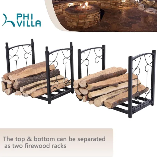 Miniatura 4 de PHI VILLA Estante de leña de 2 capas resistente, soporte de doble capa para leña de chimenea, estante de almacenamiento con clasificación