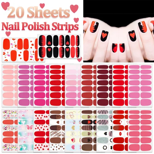 Miniatura 2 de 20 hojas de calcomanías de esmalte de uñas de color sólido rojo, calcomanías de esmalte de uñas para el día de San Valentín para mujeres, tiras