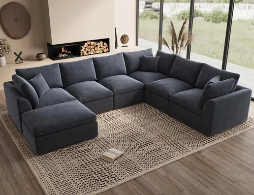 Miniatura 39 de ohllob Sofás seccionales Cloud de 110 pulgadas para sala de estar, sofá deshuesado en forma de L con otomana, sofá modular de 3 plazas, color negro