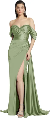 Vestidos de fiesta con hombros descubiertos 2023 con cuentas de satén de sirena con abertura larga, vestidos de noche para mujer, vestidos de dama