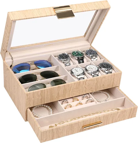 LANDICI Caja de reloj para hombres y mujeres, 2 capas de piel sintética, organizador de relojes, caja de almacenamiento grande, caja de joyería,