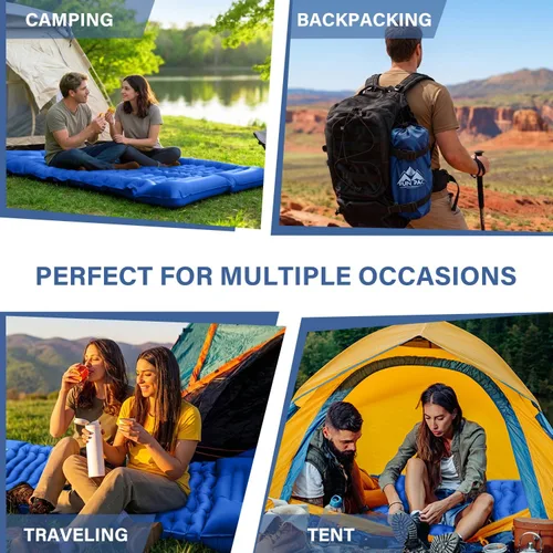 Miniatura 7 de FUN PAC Almohadilla de dormir para acampar con almohada Bomba de pie incorporada Esterilla de dormir inflable compacta para acampar mochilero Azul