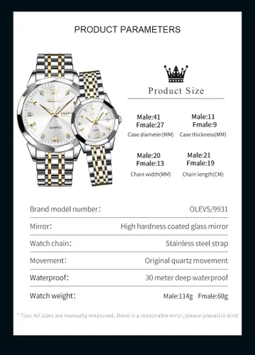 Miniatura 5 de OLEVS Juego de 2 relojes de cuarzo para parejas de San Valentín, calendario luminoso, ventana de fecha, 3 ATM, impermeable, casual, acero