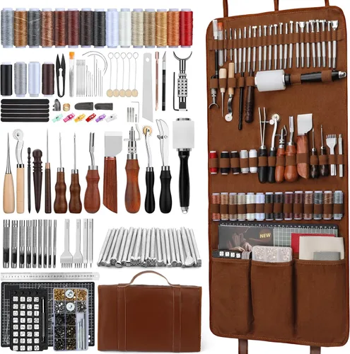 Miniatura 8 de CBHGFEA Kit de trabajo de cuero, herramientas de trabajo de cuero y kit de manualidades con bolsa de almacenamiento personalizada, grabado, corte