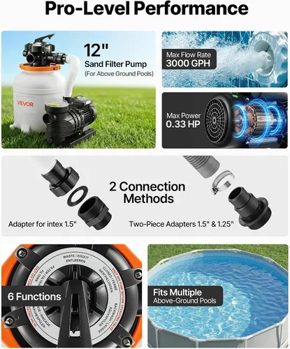 Miniatura 3 de VEVOR Bomba de filtro de arena de 12 pulgadas para piscinas sobre el suelo de hasta 15000 galones, sistema de filtración de piscina de 0.33 HP 3000