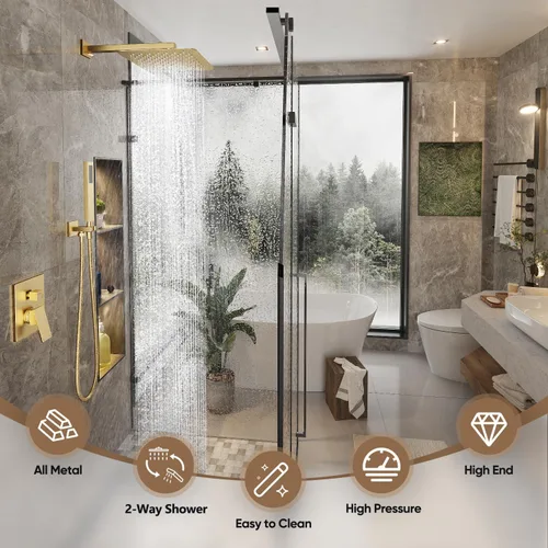 Miniatura 2 de Gabrylly Sistema de ducha dorado, cabezal de ducha de lluvia de acero inoxidable de 10 pulgadas de alta presión con combo de rociador de mano, juego