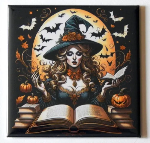 Bruja de Halloween con libro de hechizos imán para nevera (2.5 x 2.5 pulgadas)