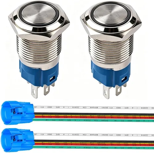 Miniatura 12 de Gebildet 2 piezas Botón de presión de cierre LED azul impermeable 110-230VAC/15Amp 16 mm Interruptor de botón de acero inoxidable impermeable