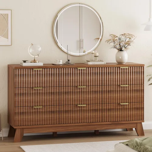 Miniatura 26 de Xixini - Cómoda moderna de madera acanalada para dormitorio, sala estar, pasillo o armario, para organizar y almacenar ropa o soporte de TV, 6 Roble
