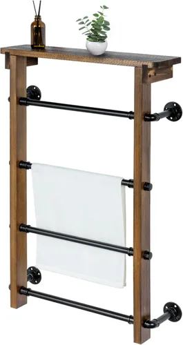 MyGift Toallero Escalera de 4 Niveles Montado en Pared con Estante de Almacenamiento Superior, Soporte de Toalla Colgante de Madera Maciza Rústica