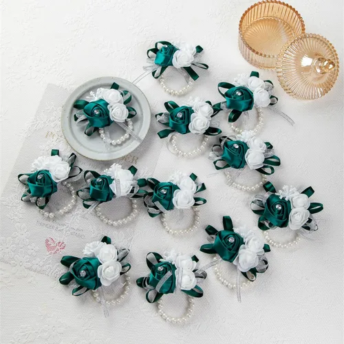 Miniatura 2 de 12 unids/lote mujeres novia novia dama de honor muñeca ramillete seda rosa perlas niñas boda mano flores decoración fiesta (verde)