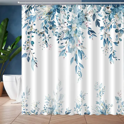 JWXCBIM Cortina de ducha azul con hojas de eucalipto, cortina de baño decorativa con arte estético de acuarela de plantas y flores, juego de cortina