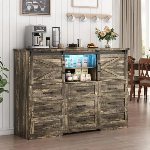 Miniatura 7 de Cómoda para dormitorio con 9 cajones, cómoda de madera de 43 pulgadas de alto con puertas corredizas de granero, luces LED, soporte de TV moderno