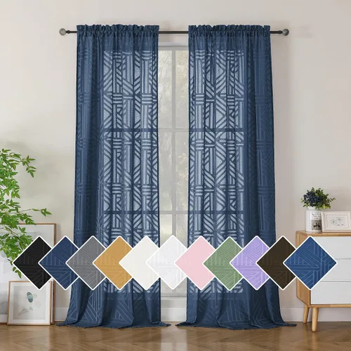 Miniatura 52 de Simplebrand Cortinas traslúcidas negras de cocina de 24 pulgadas de largo, 2 paneles, filtrado de luz, geométrico jacquard con textura, cortinas