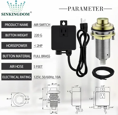 Miniatura 2 de Kit de interruptor de aire SinkTop con botón largo de latón dorado (latón completo) para eliminación de basura Champagne bronce