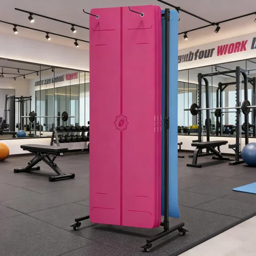 Miniatura 2 de Soporte para colchoneta de yoga colgante, carrito de almacenamiento de metal de doble cara sobre ruedas, estante para pilates de pie para gimnasio