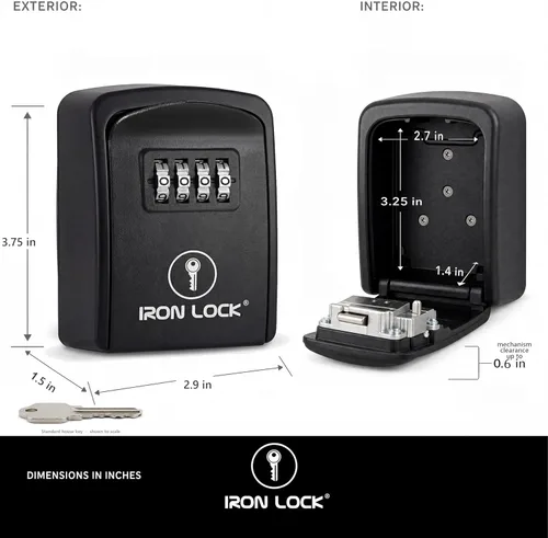 Miniatura 4 de Iron Lock® - Caja de bloqueo de llave pequeña para montaje en pared con código, para exteriores (negro) 10,000 resettable combos, no app or dead