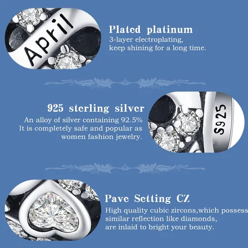 Miniatura 3 de Cuentas de plata de ley 925 con dije de piedra natal para pulseras y collares, regalos de cumpleaños para mujeres y niñas.